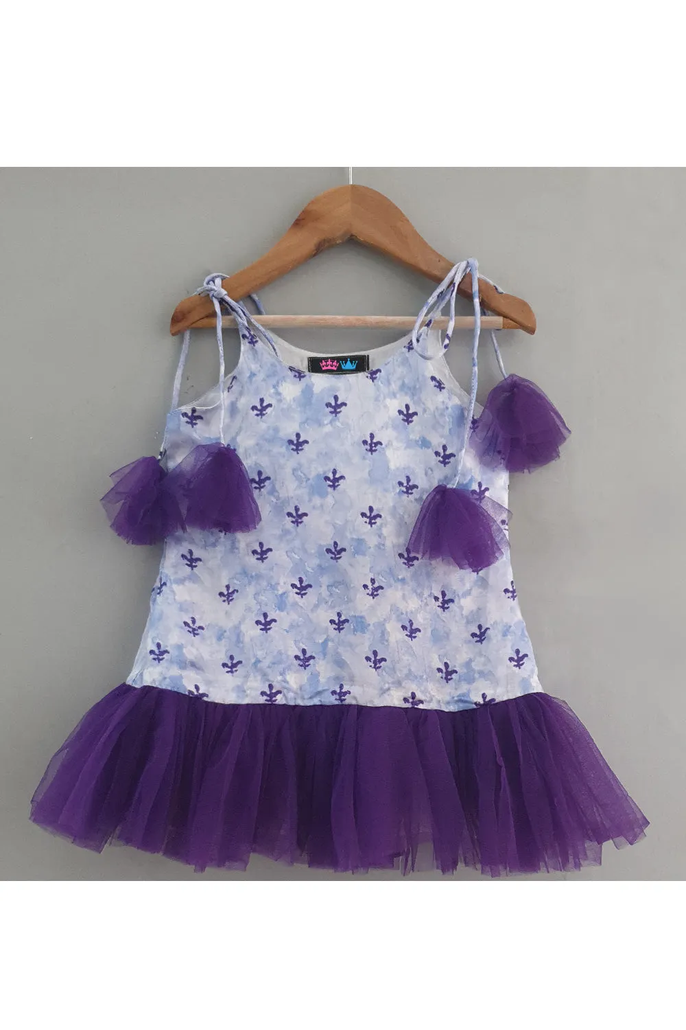 Purple Printed Linen Satin Frill Dress