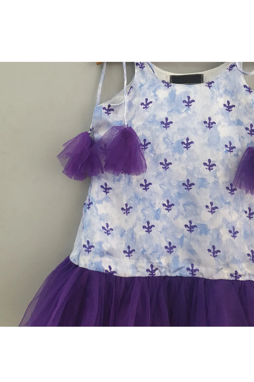 Purple Printed Linen Satin Frill Dress