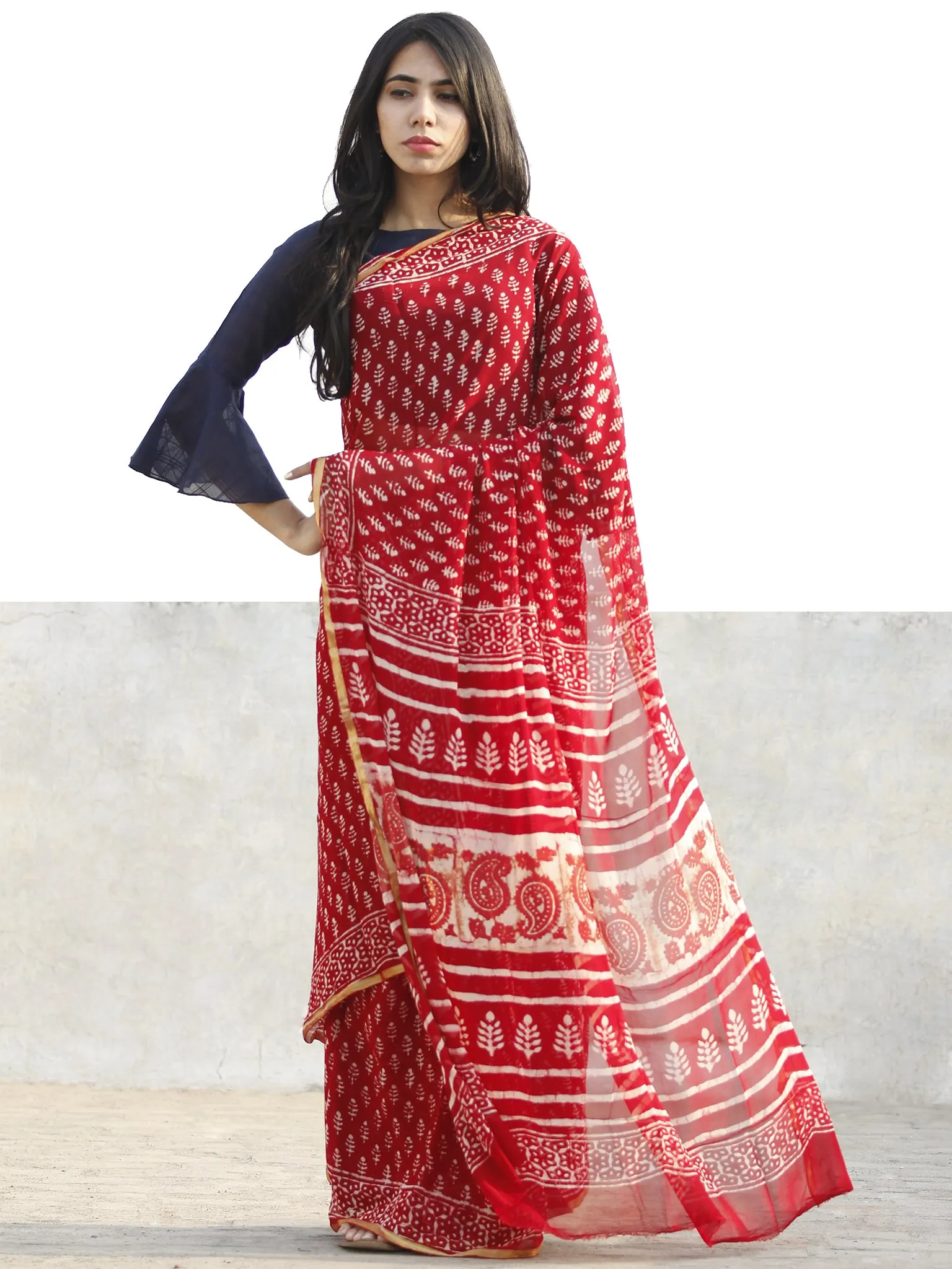 Red and White  Hand Block Printed Chiffon Saree with Zari border- S031702711