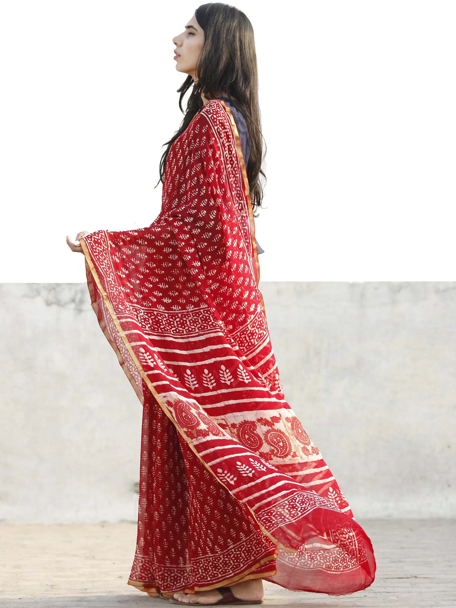 Red and White  Hand Block Printed Chiffon Saree with Zari border- S031702711