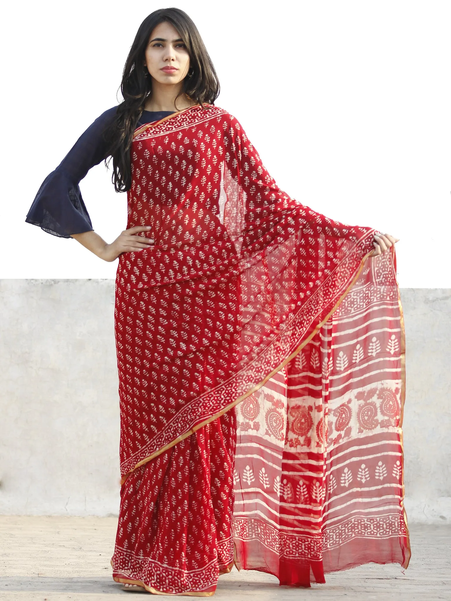 Red and White  Hand Block Printed Chiffon Saree with Zari border- S031702711