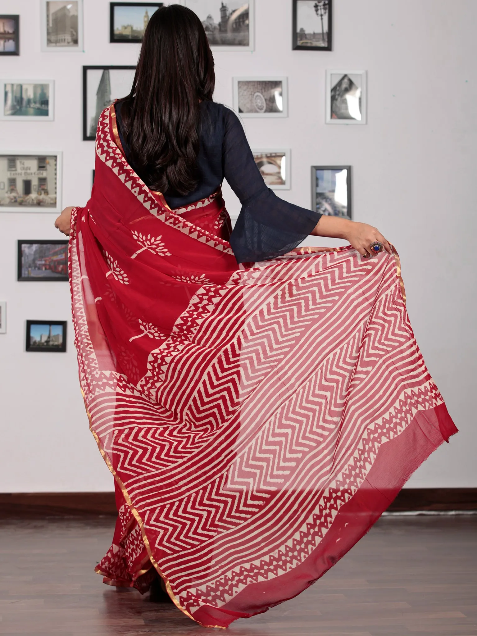 Red Ivory Hand Block Printed Chiffon Saree with Zari border - S031702736