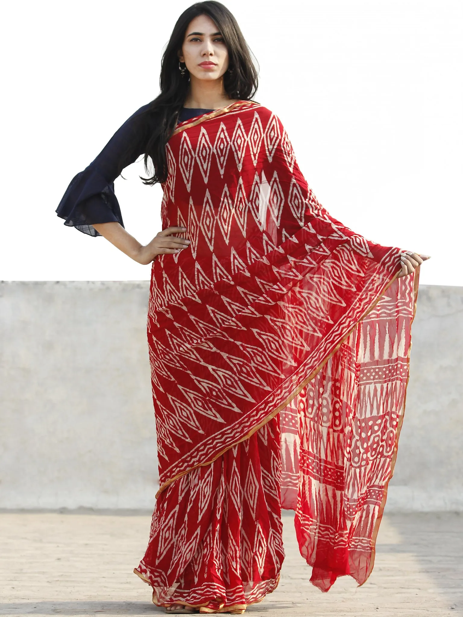 Red  White Hand Block Printed Chiffon Saree with Zari border- S031702692