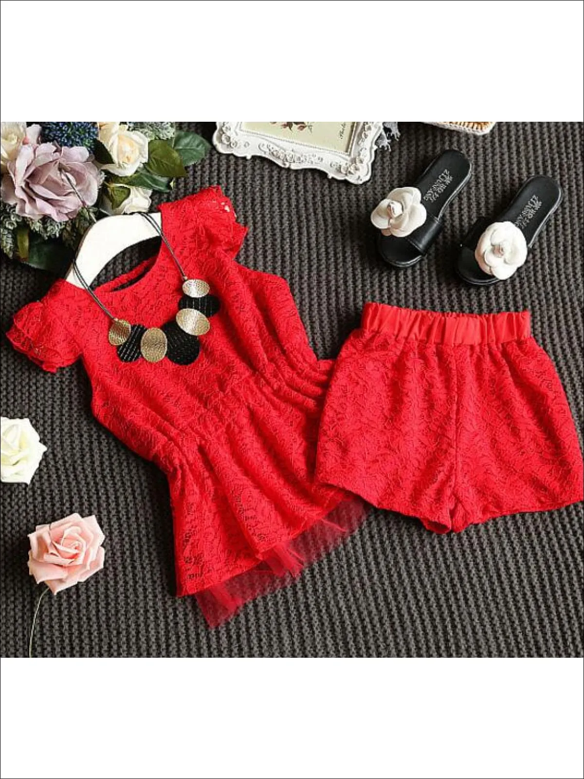 Roses In Bloom Lace Shorts Set