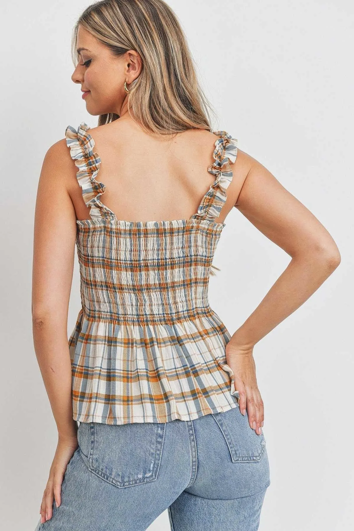 Ruffle Strap Smocked Peplum Plaid