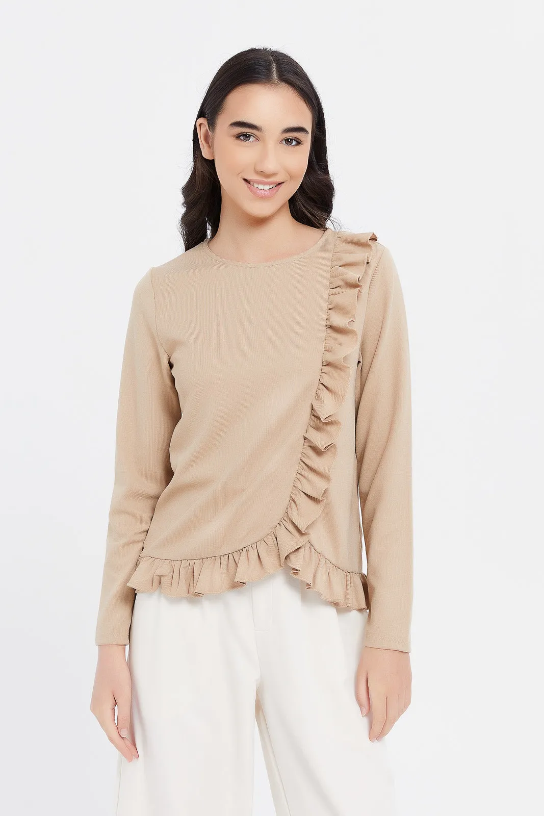 Senior Girls Brown Ruffle Top (QC CHECK PHYSICAL PRODUCT/SYSTEM IMAGE)