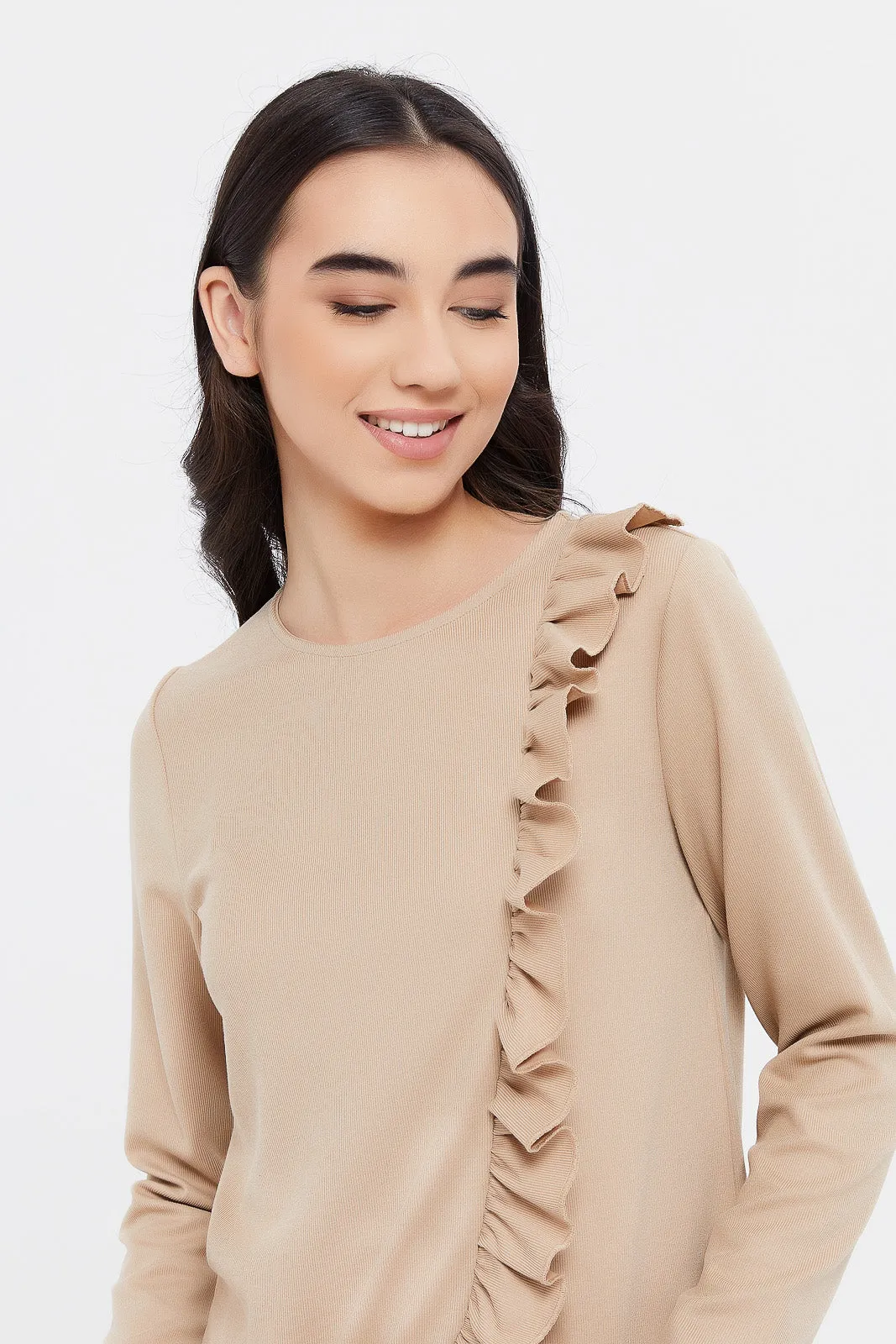 Senior Girls Brown Ruffle Top (QC CHECK PHYSICAL PRODUCT/SYSTEM IMAGE)