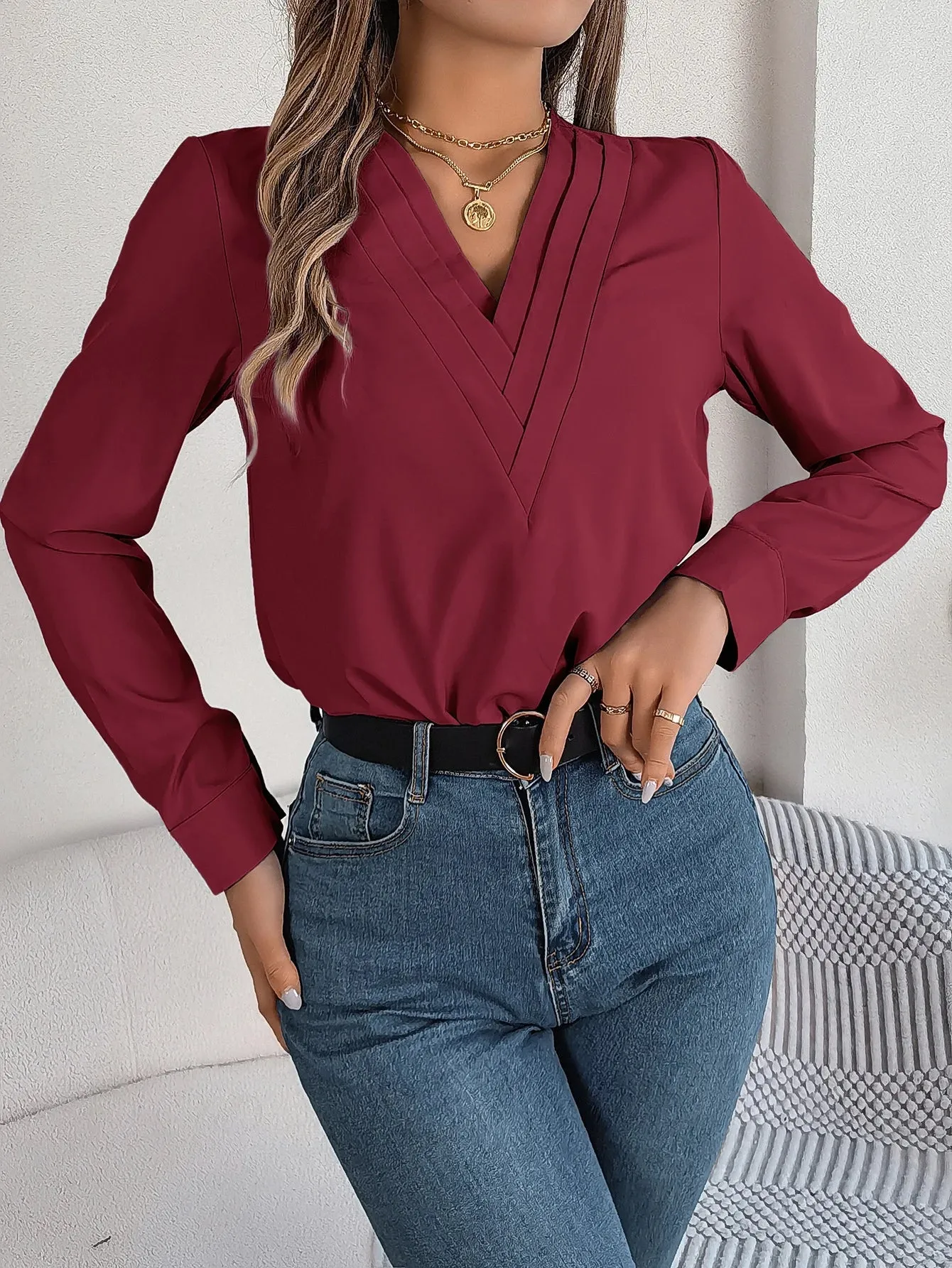 Sleeve V Neck Solid Long Color Casual Blouse