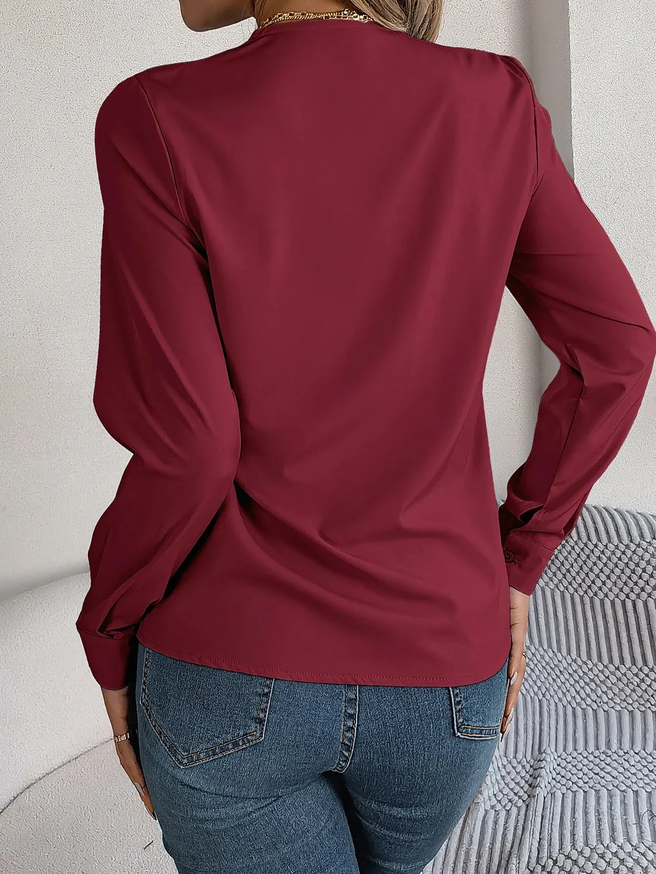 Sleeve V Neck Solid Long Color Casual Blouse