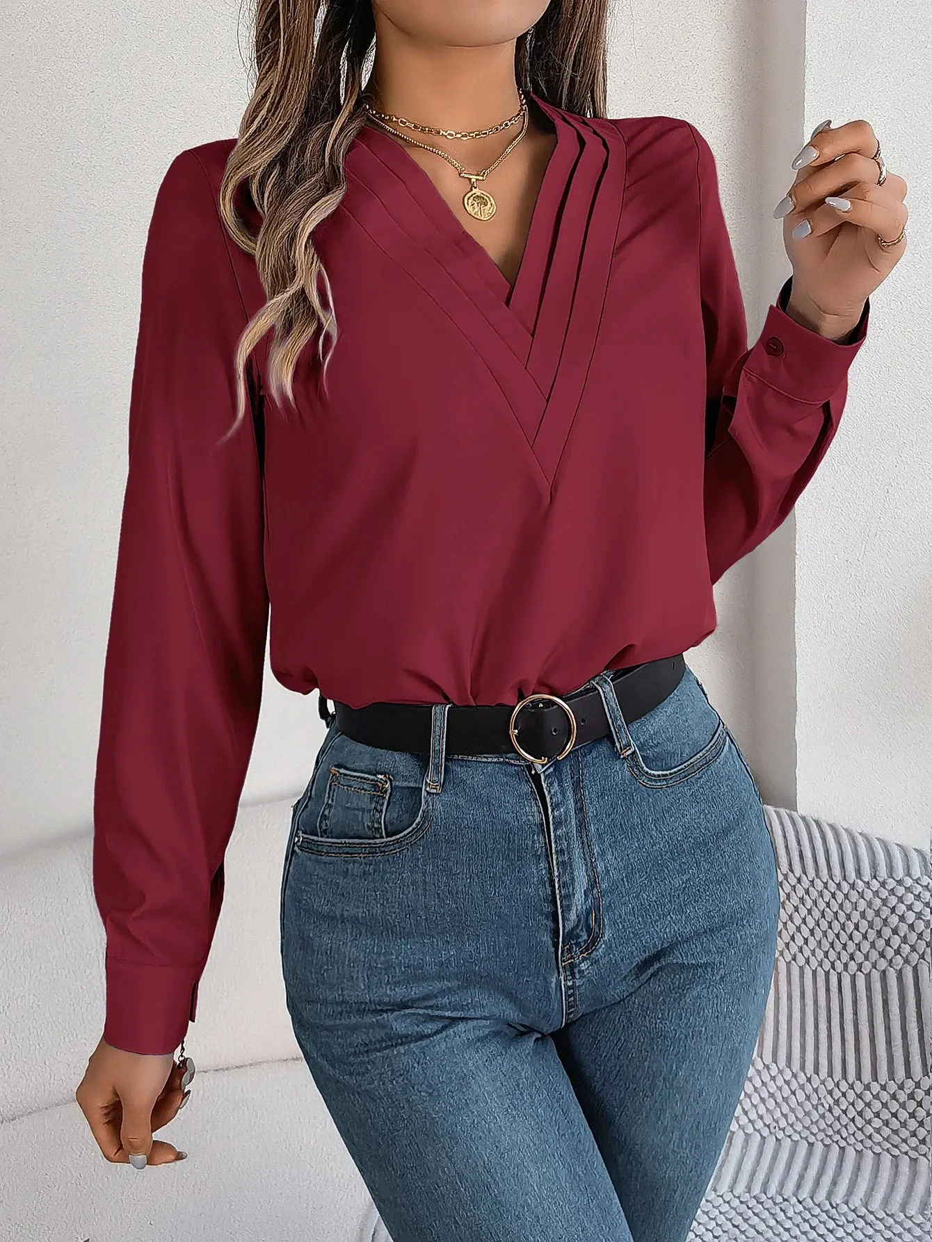 Sleeve V Neck Solid Long Color Casual Blouse