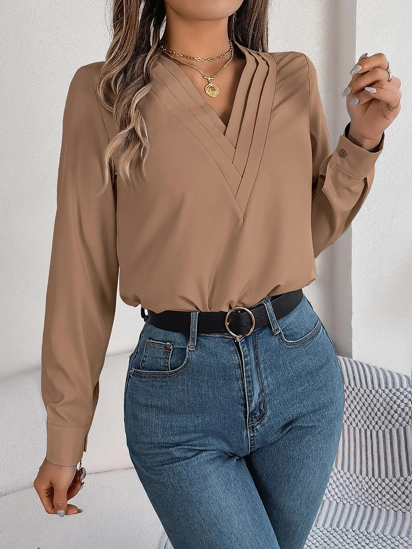 Sleeve V Neck Solid Long Color Casual Blouse