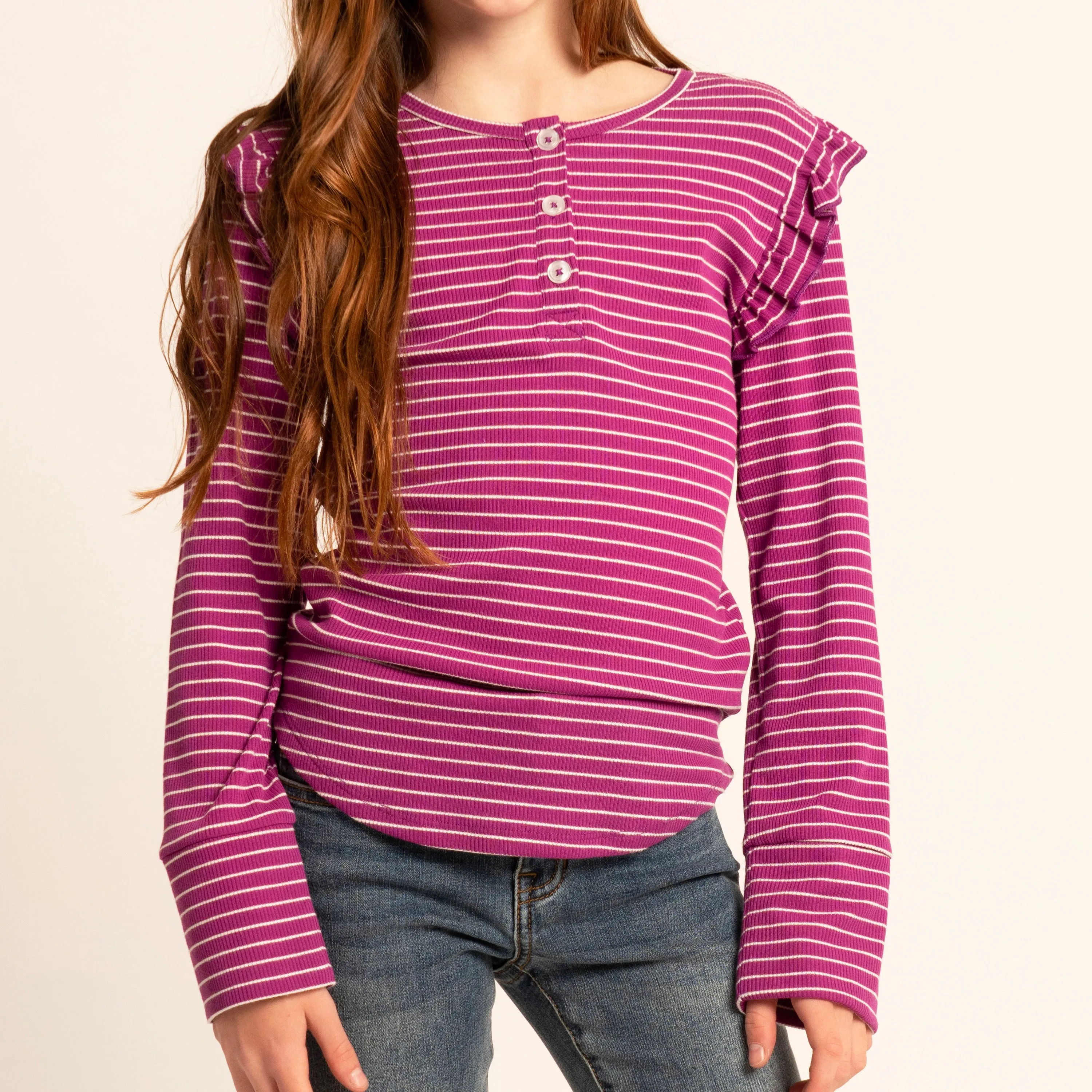 Stripe Ruffle Sleeve Henley