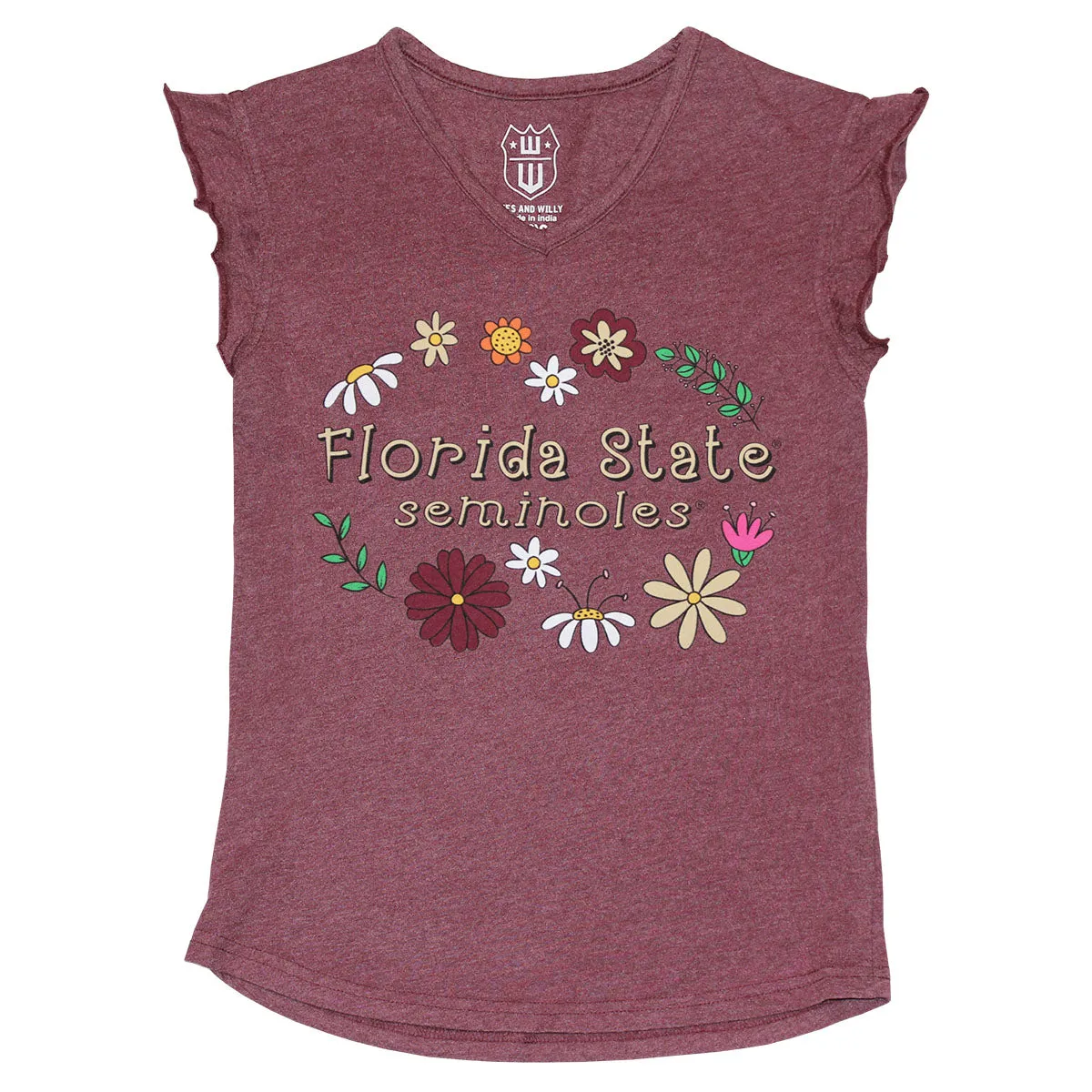 Wes & Willy Girl's Florida State Seminoles Flower Design Short Sleeve Ruffle T-shirt - Garnet