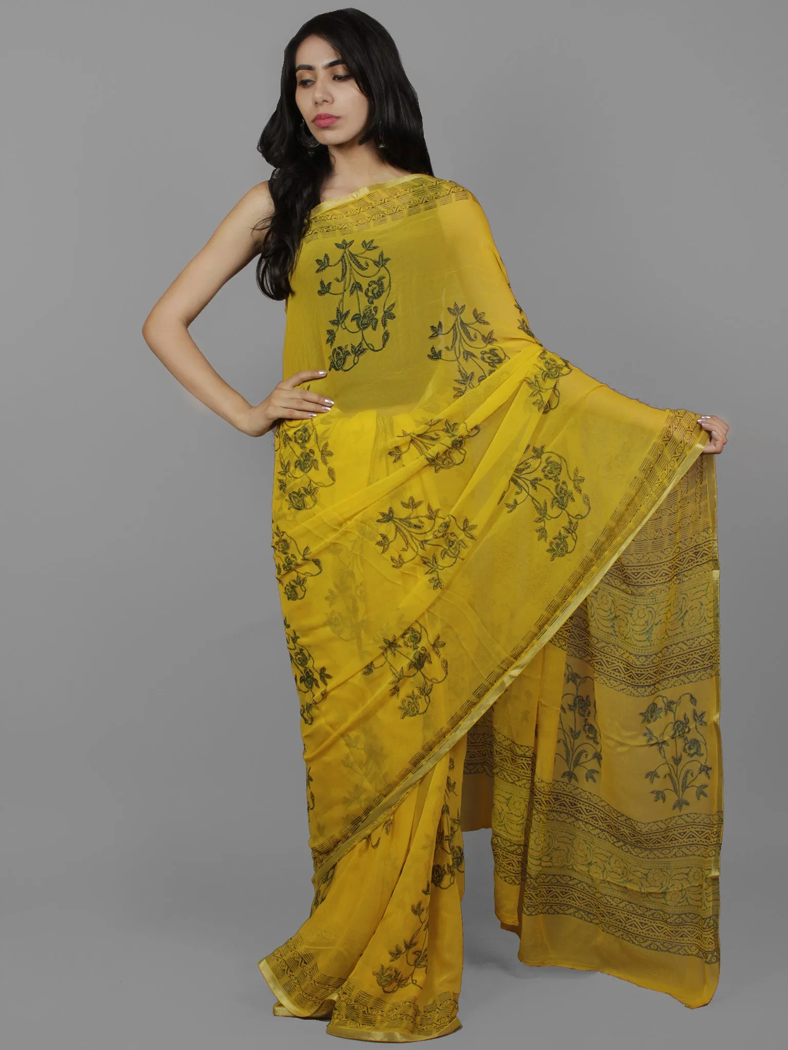 Yellow Green Black Hand Block Printed Chiffon Saree - S031702115