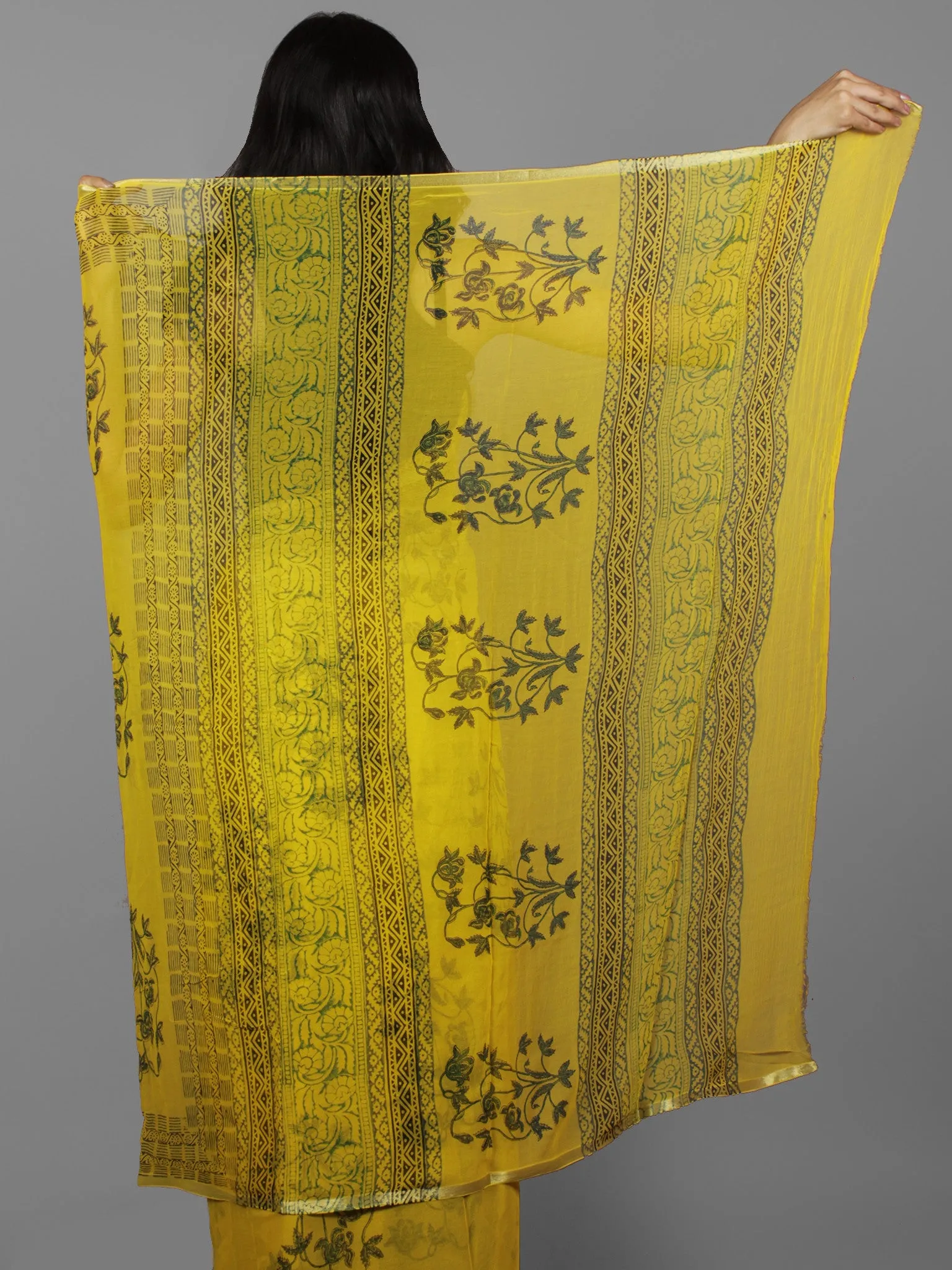 Yellow Green Black Hand Block Printed Chiffon Saree - S031702115