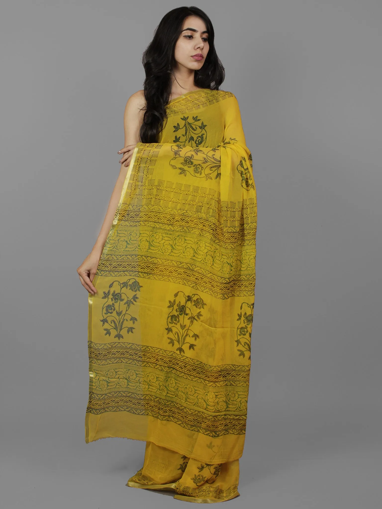 Yellow Green Black Hand Block Printed Chiffon Saree - S031702115